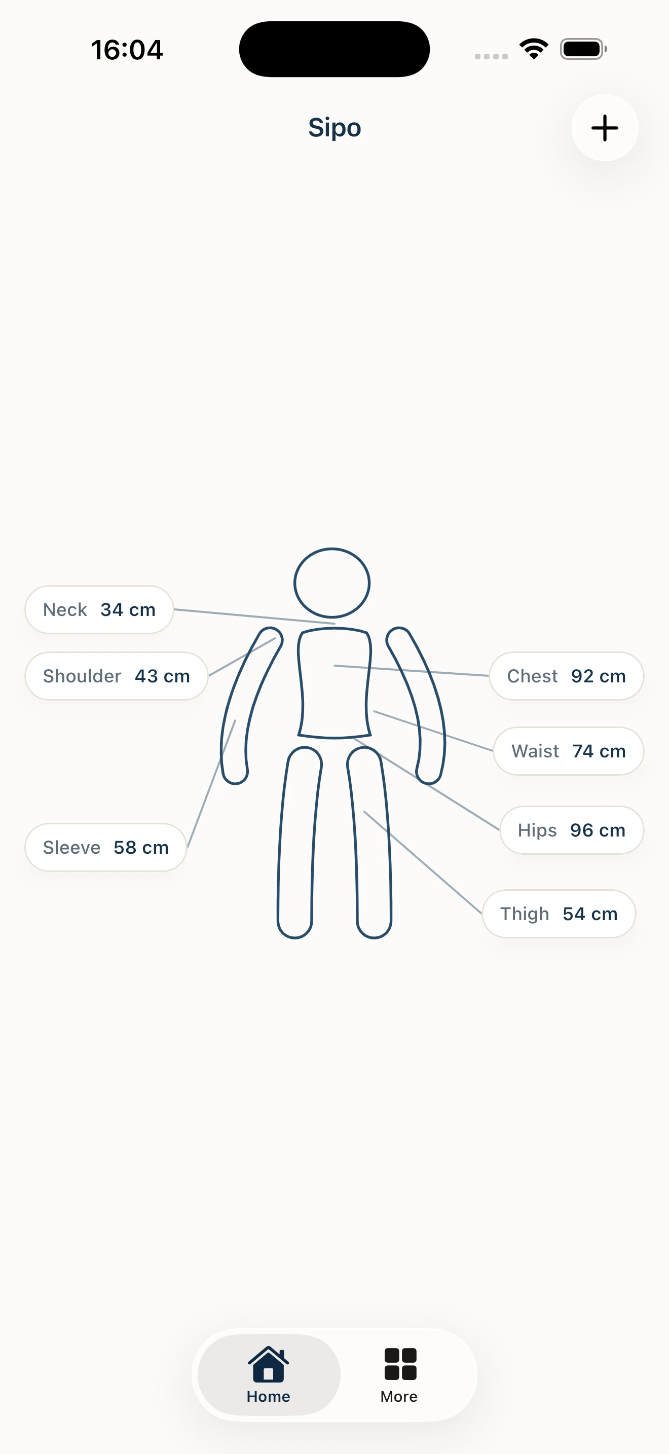 Home profile and body overview showing saved measurements in Sipo
