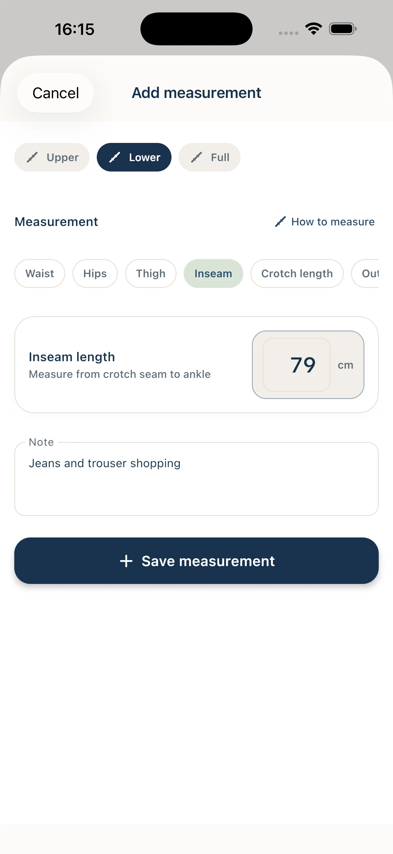 Shopping reference for inseam measurement with guidance in Sipo